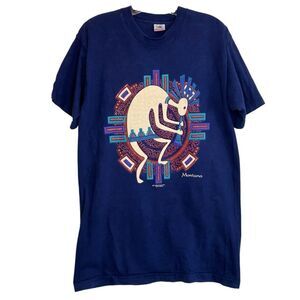 Vintage 1994 Single Stitch Navy Graphic T-Shirt Kokopelli Flute Montana